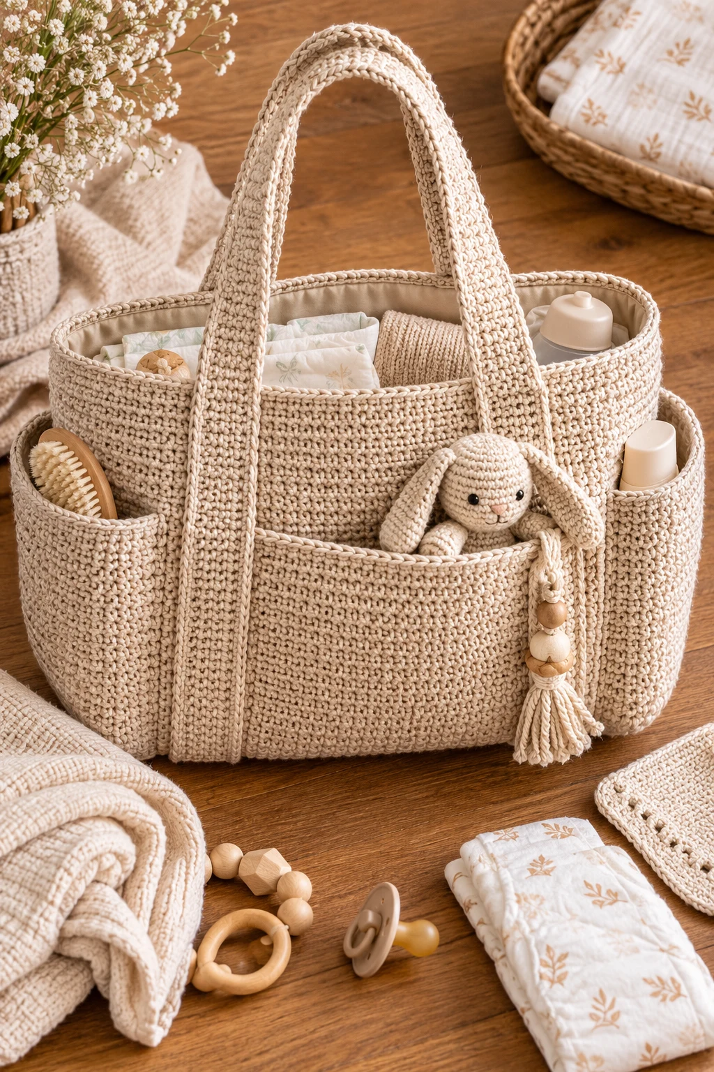 Minimalist Oatmeal Crochet Changing Bag — crochet diaper bag style outfit