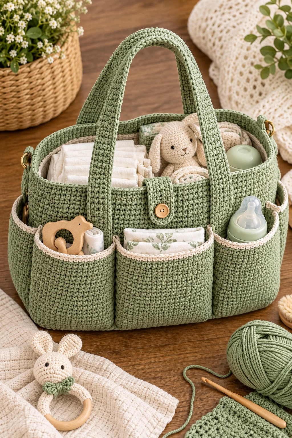 Sage Green Pocket Organizer Bag — crochet diaper bag style outfit
