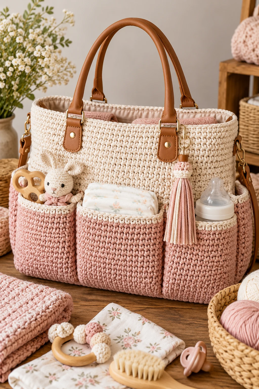 Crochet Diaper Bag With Leather-Style Handles — crochet diaper bag style outfit