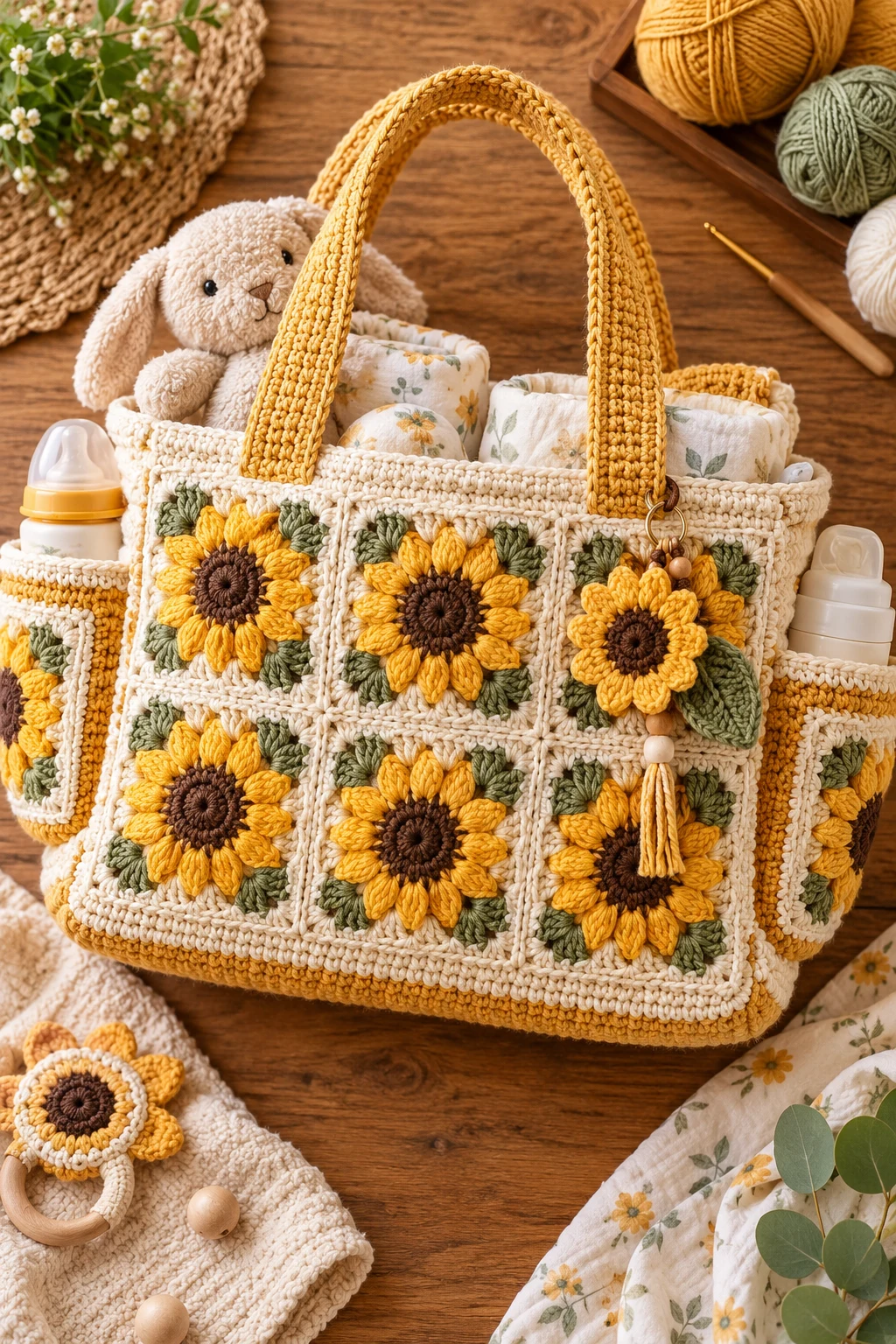 Sunflower Granny Square Baby Bag — crochet diaper bag style outfit
