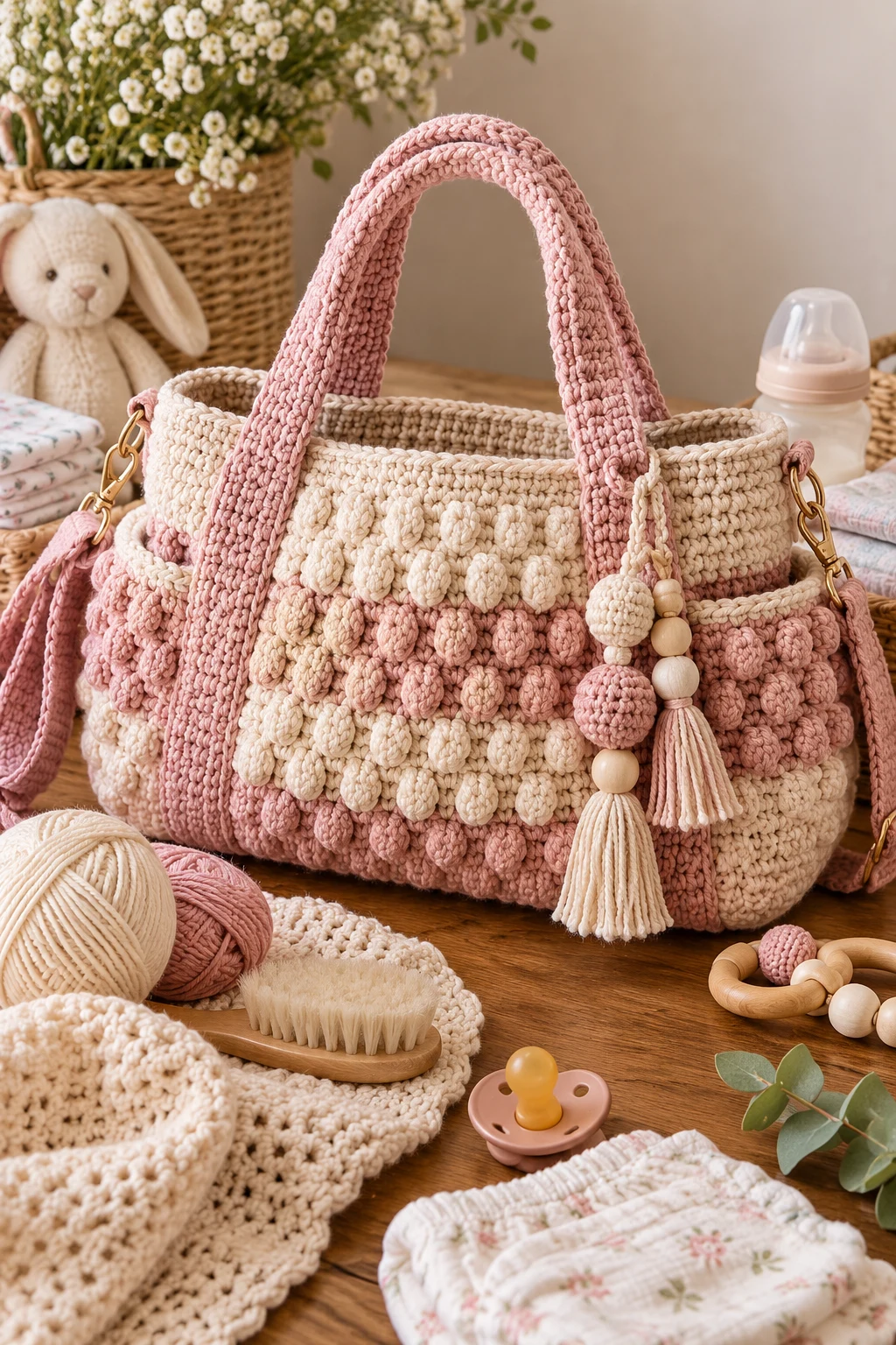 Textured Bobble Stitch Crochet Diaper Bag — crochet diaper bag style outfit