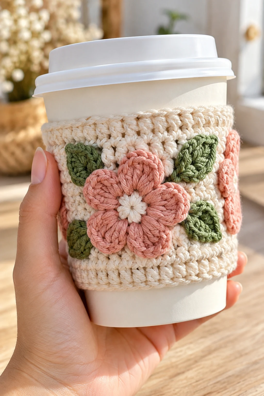 The Crochet Coffee Cup Sleeve — crochet downtown style outfit
