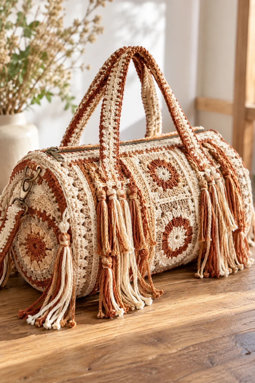 Boho Crochet Duffel Bag With Fringe — crochet duffel bag