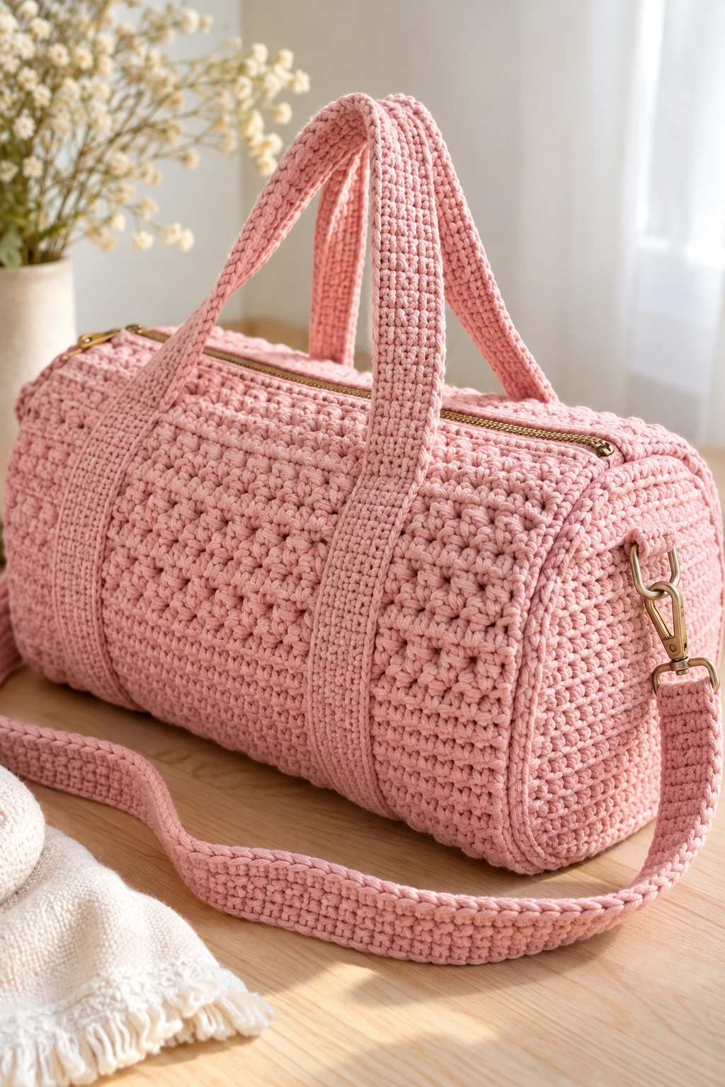 Pastel Pink Crochet Duffel Bag — crochet duffel bag