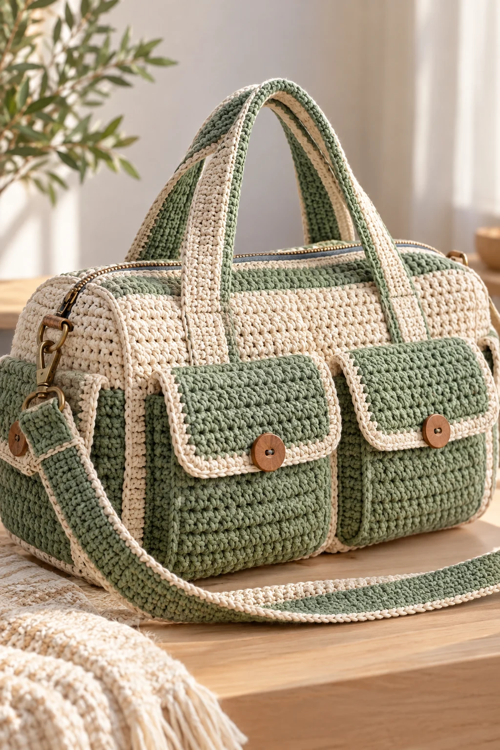 Crochet Duffel Bag With Exterior Pockets — crochet duffel bag