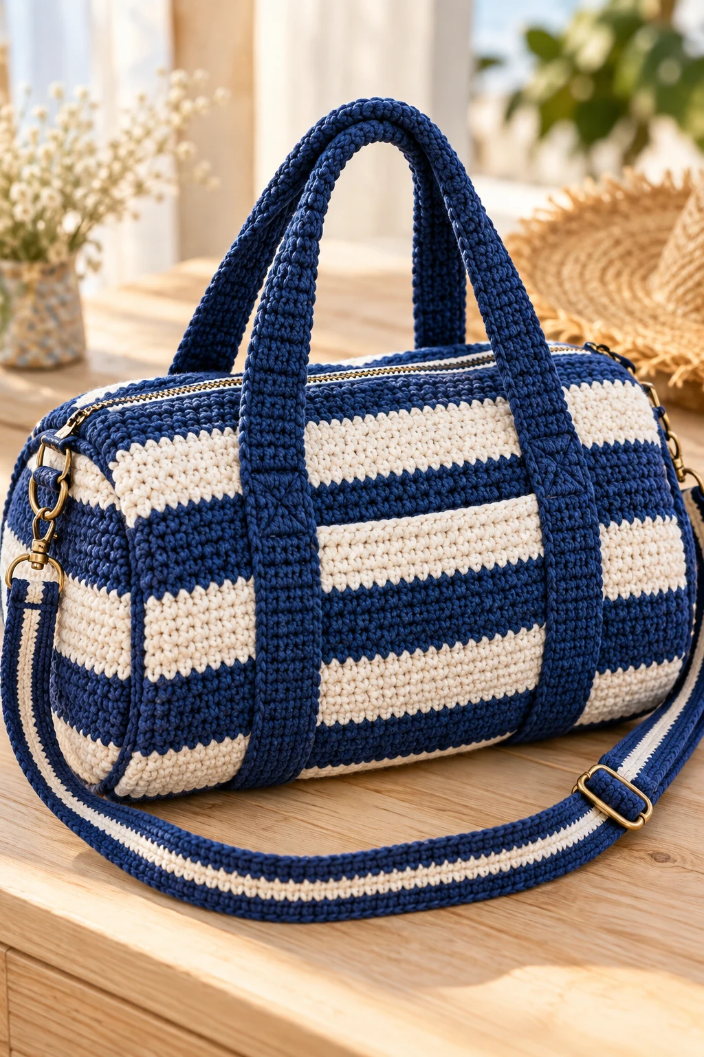 Nautical Blue and White Crochet Travel Bag — crochet duffel bag