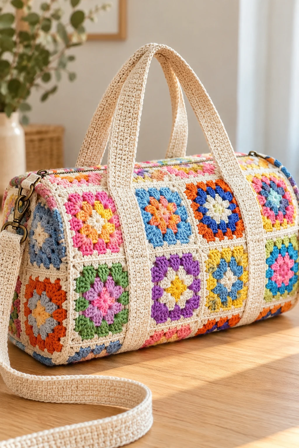 Colorful Granny Square Travel Bag — crochet duffel bag