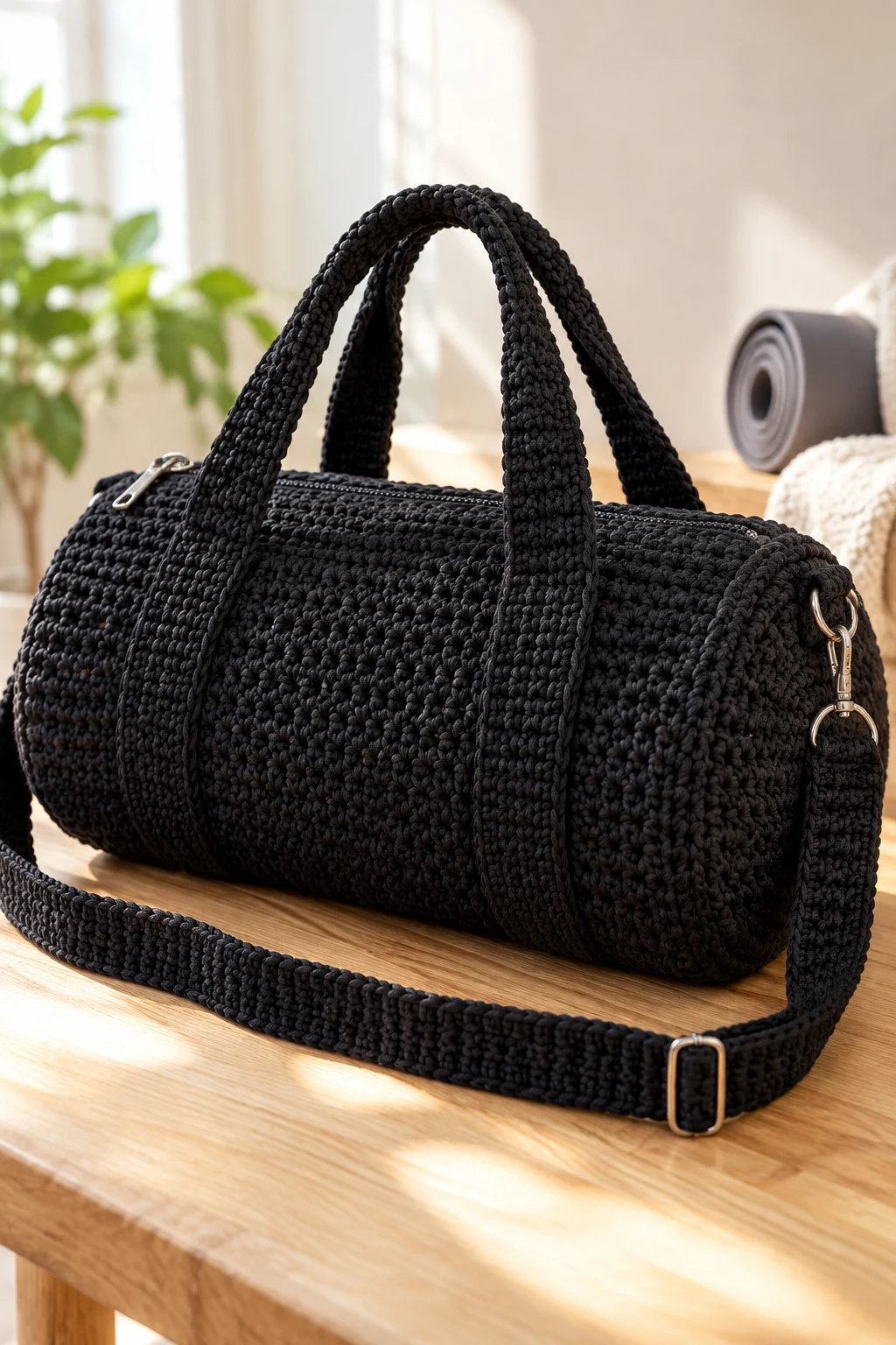 Minimalist Black Crochet Gym Bag — crochet duffel bag