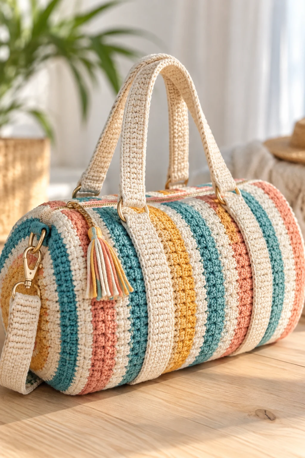 Striped Summer Crochet Duffel Bag — crochet duffel bag