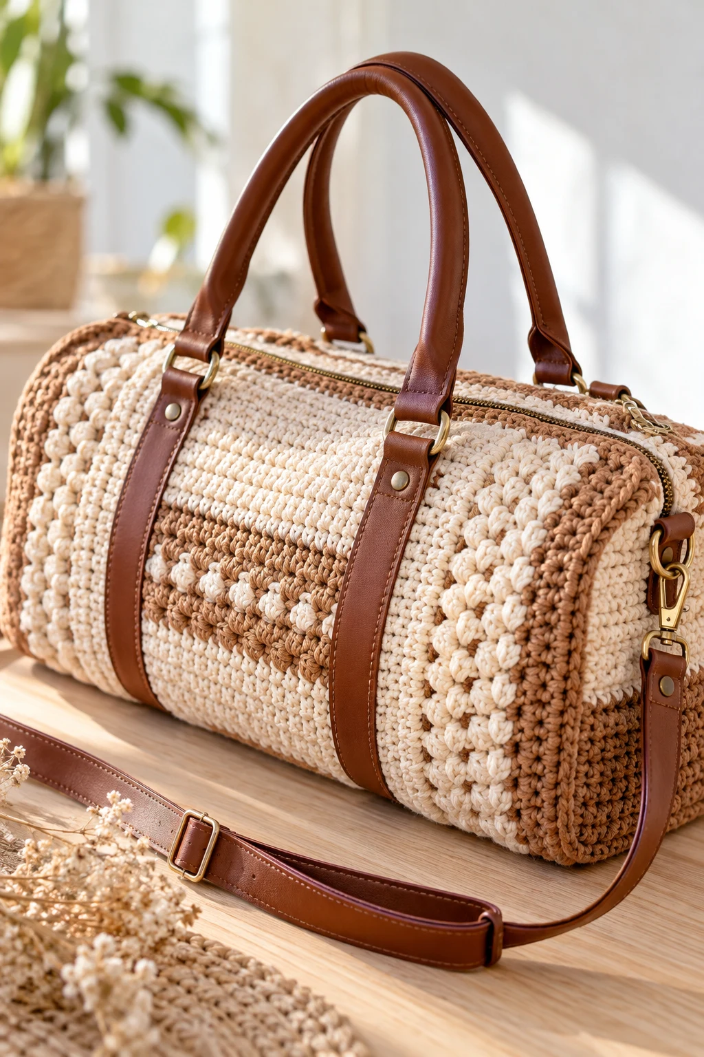 Crochet Duffel Bag With Leather Handles — crochet duffel bag