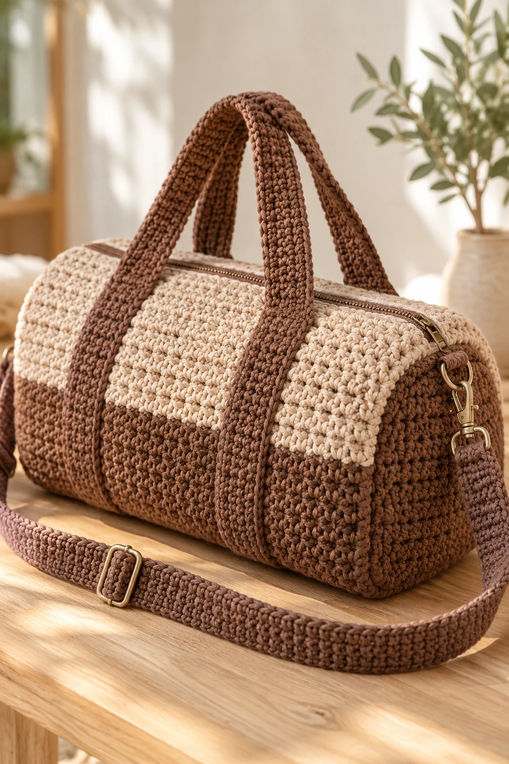 Two-Tone Brown and Beige Crochet Duffel — crochet duffel bag