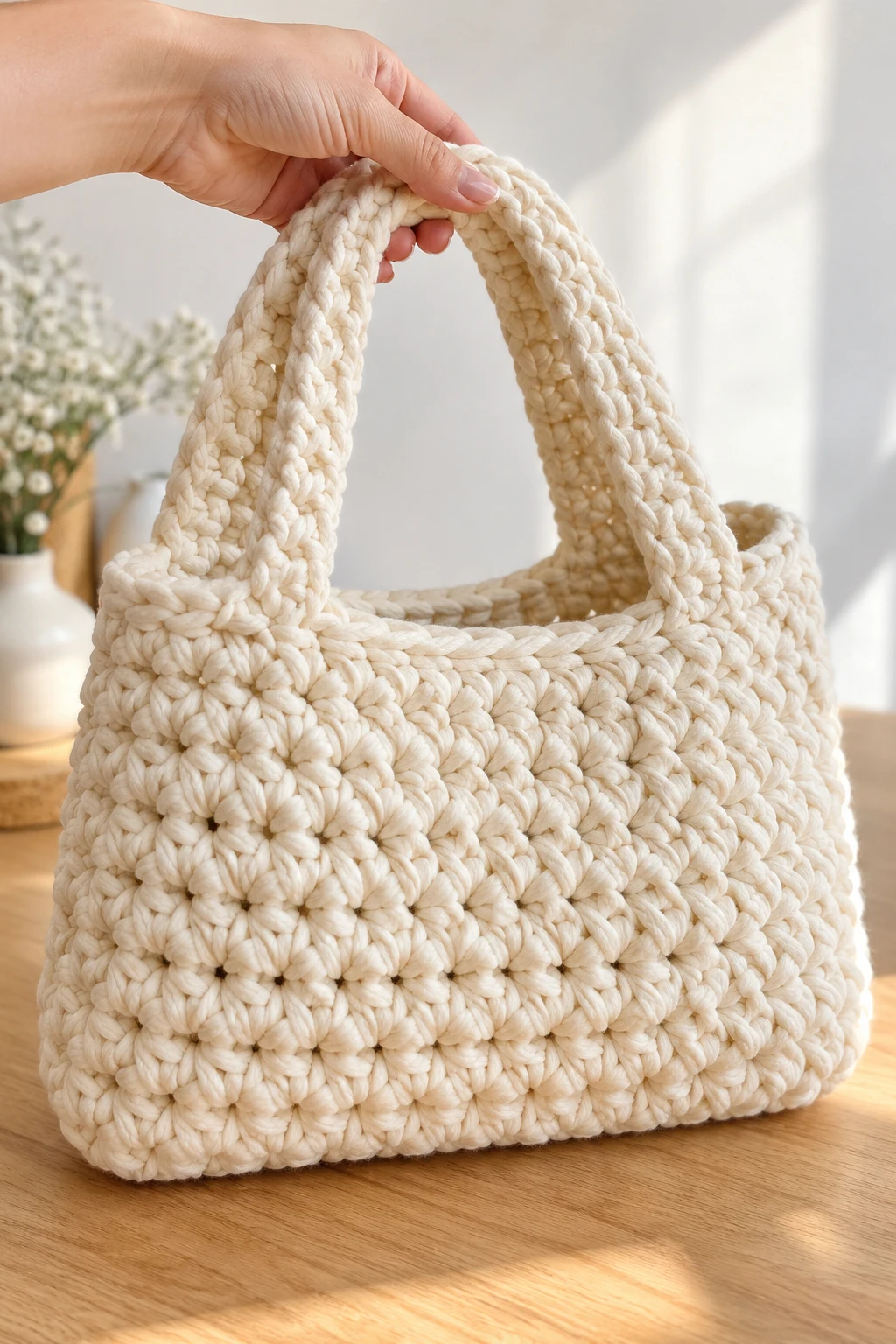 Chunky Cream Crochet Handbag — crochet easy bag style outfit