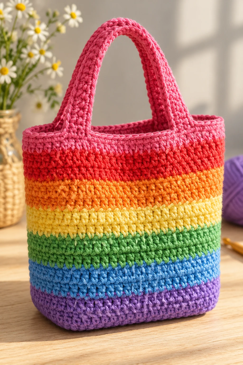 Rainbow Crochet Mini Tote — crochet easy bag style outfit
