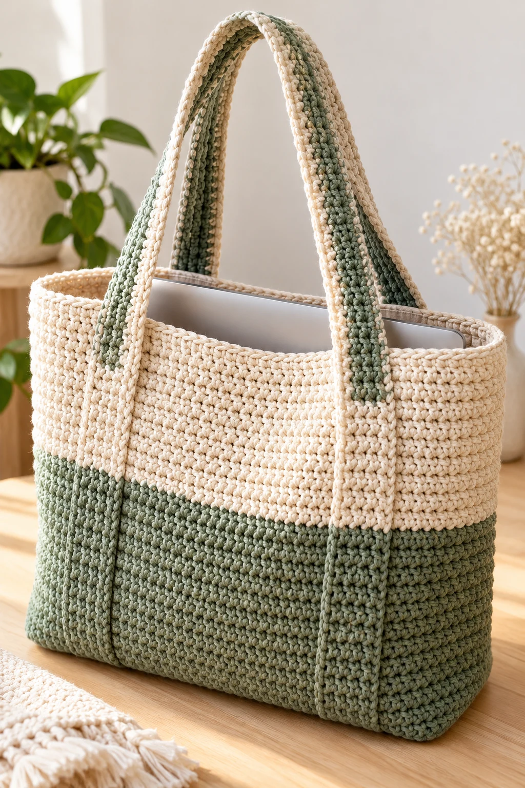 Two-Tone Crochet Laptop Tote — crochet easy bag style outfit