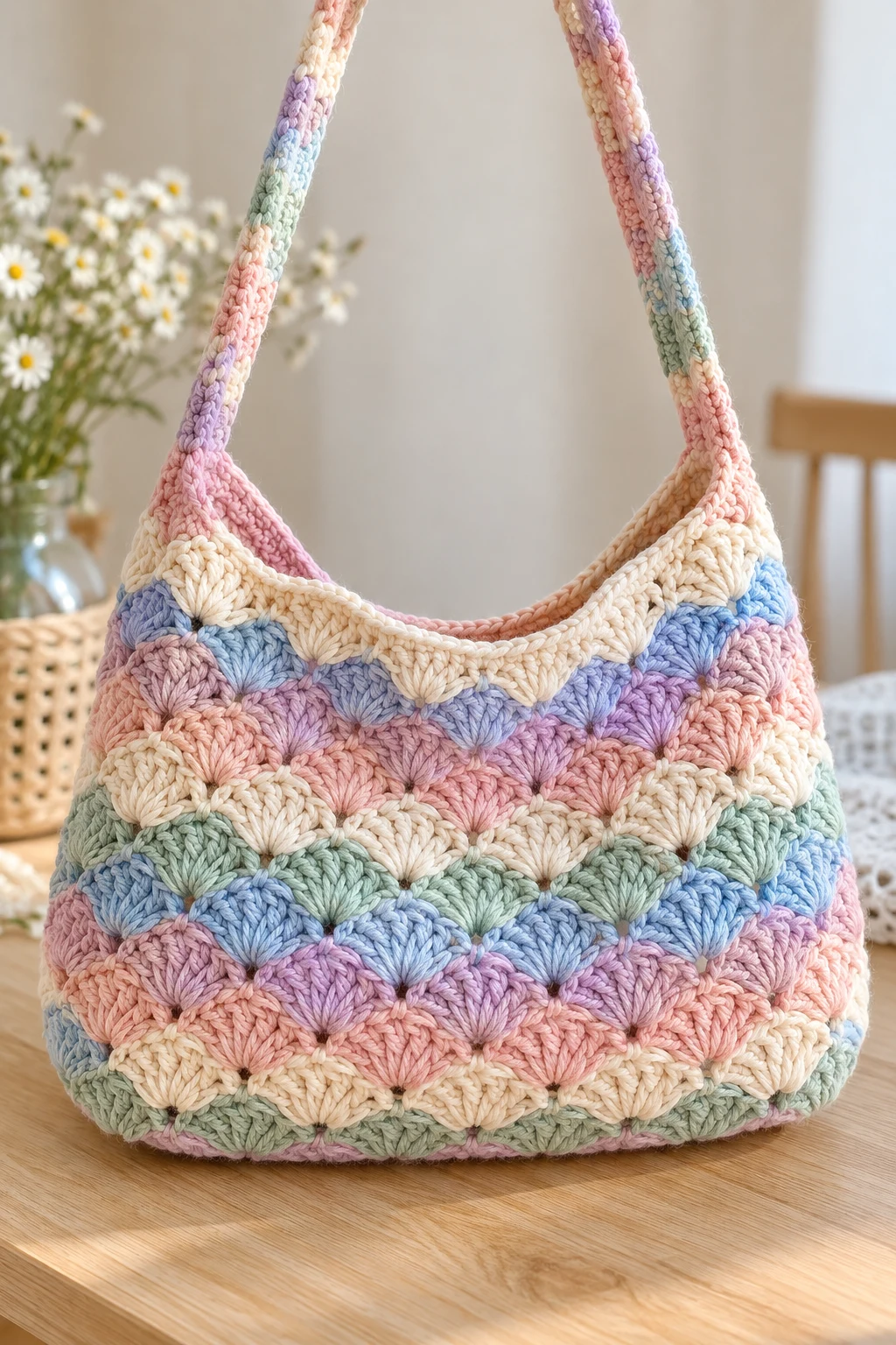 Pastel Shell Stitch Shoulder Bag — crochet easy bag style outfit