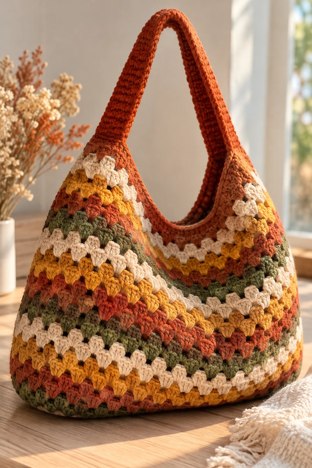 Cozy Autumn Granny Stripe Bag — crochet easy bag style outfit