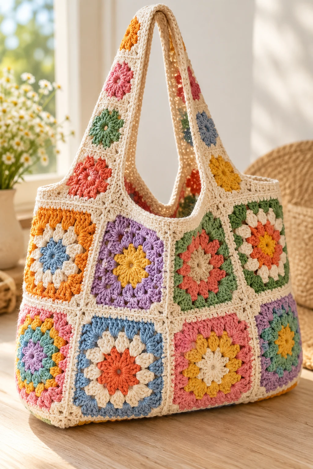 Colorful Granny Square Market Bag — crochet easy bag style outfit