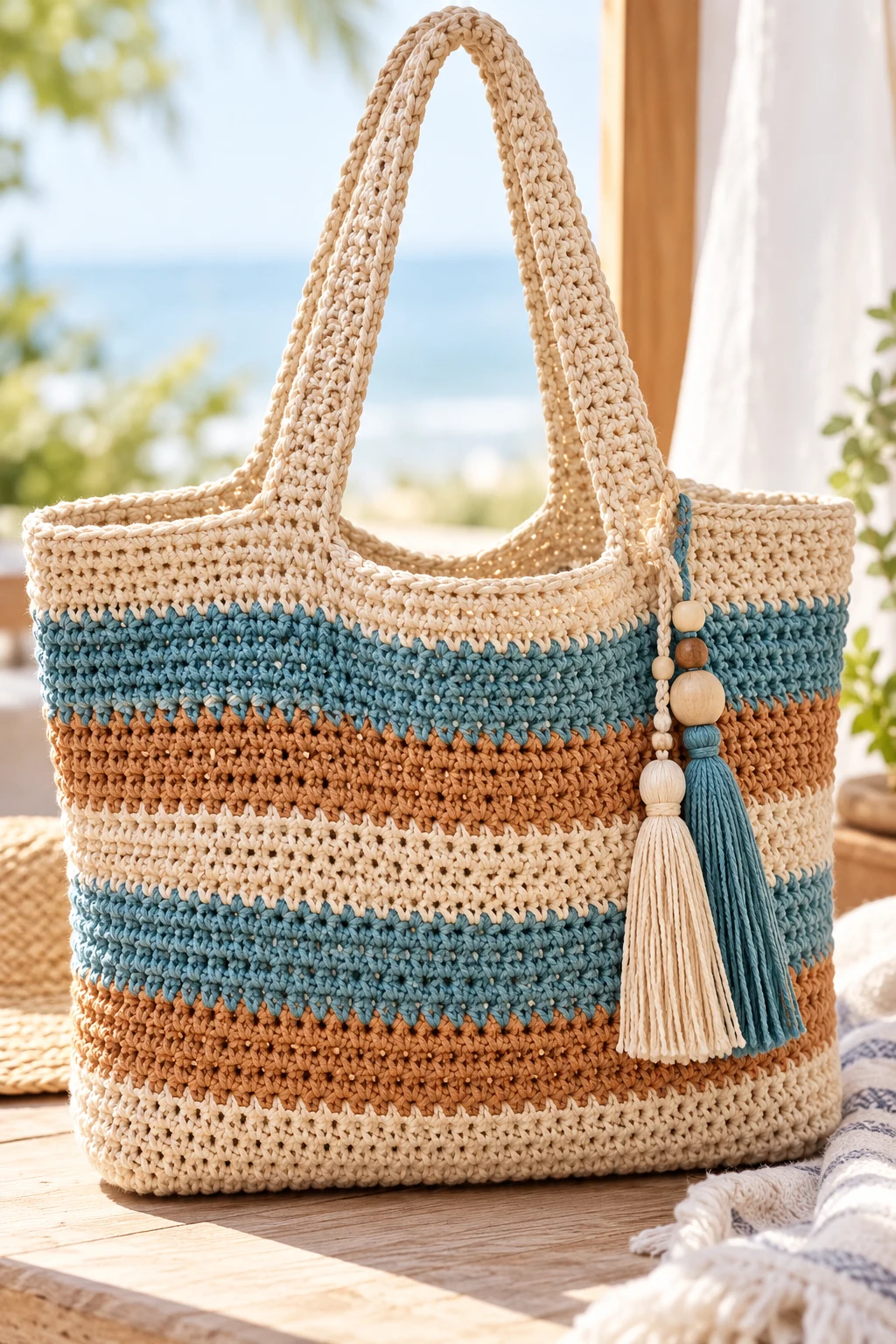 Striped Summer Beach Tote — crochet easy bag style outfit