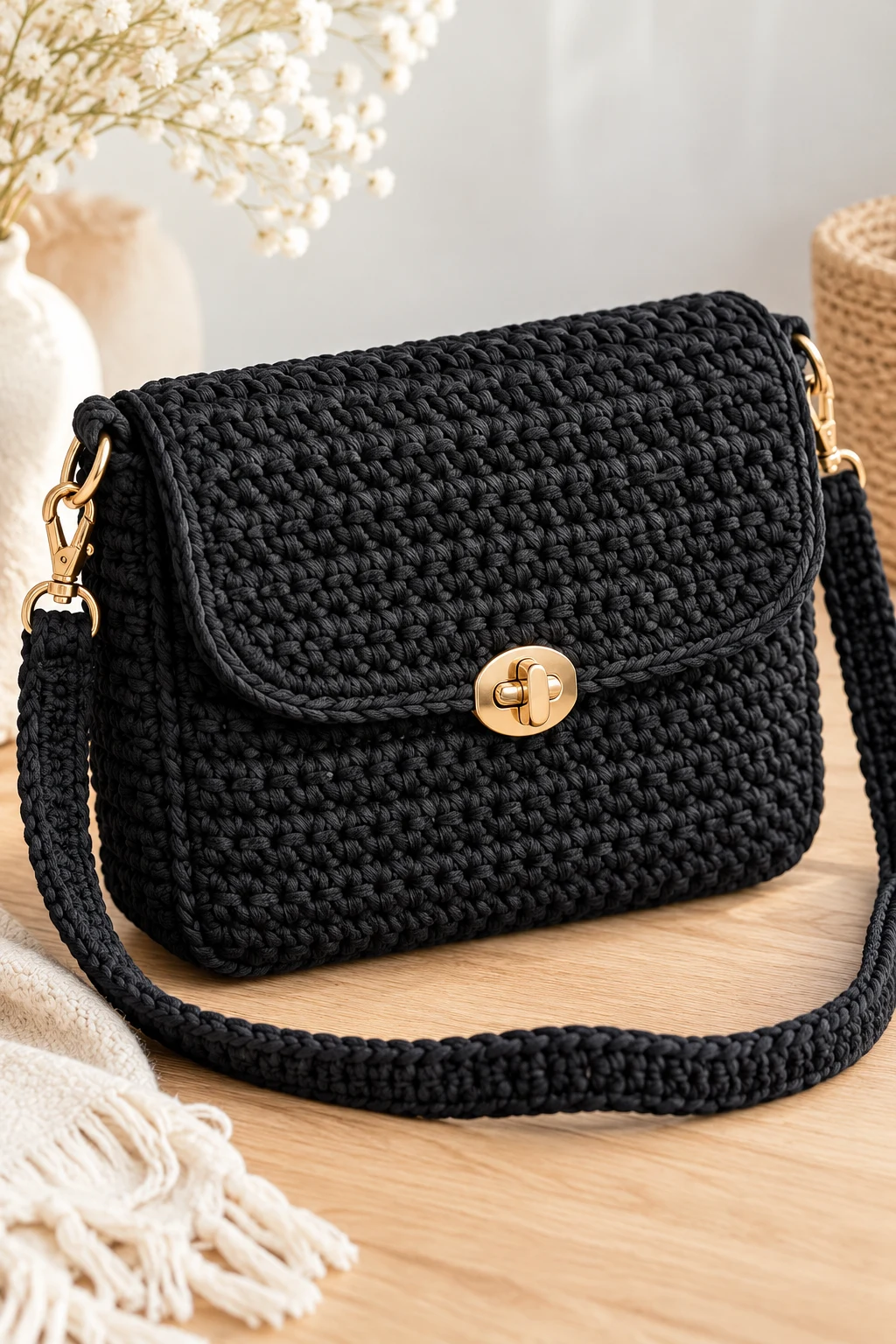 Minimalist Black Crochet Crossbody Bag — crochet easy bag style outfit