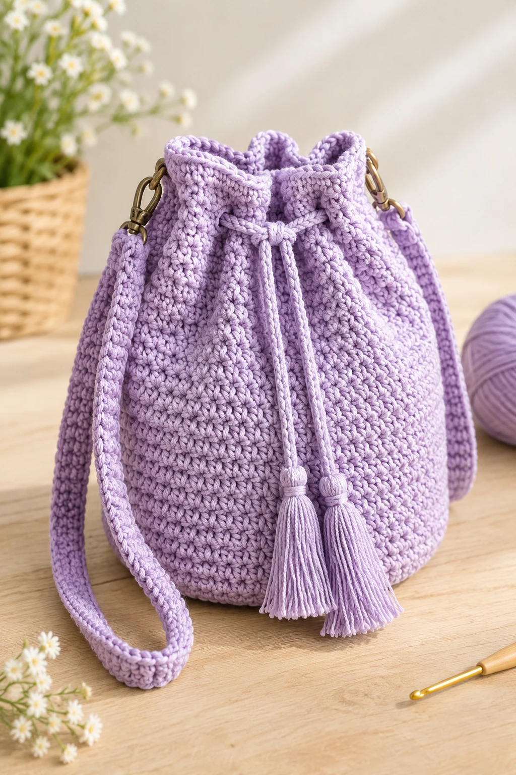 Lavender Drawstring Bucket Bag — crochet easy bag style outfit