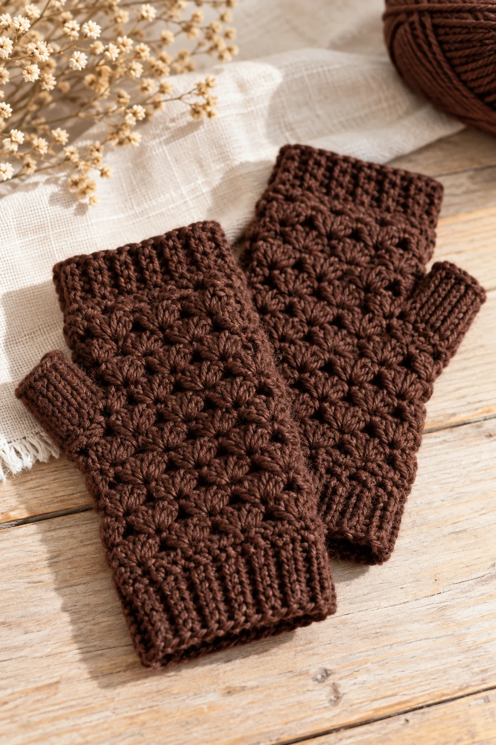 The Chocolate-Brown Crochet Fingerless Gloves — crochet fall wearables style outfit