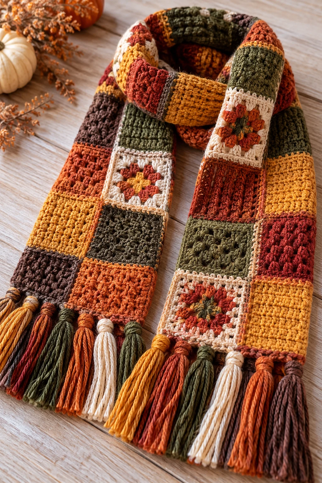The Autumn Patchwork Crochet Scarf — crochet fall wearables style outfit