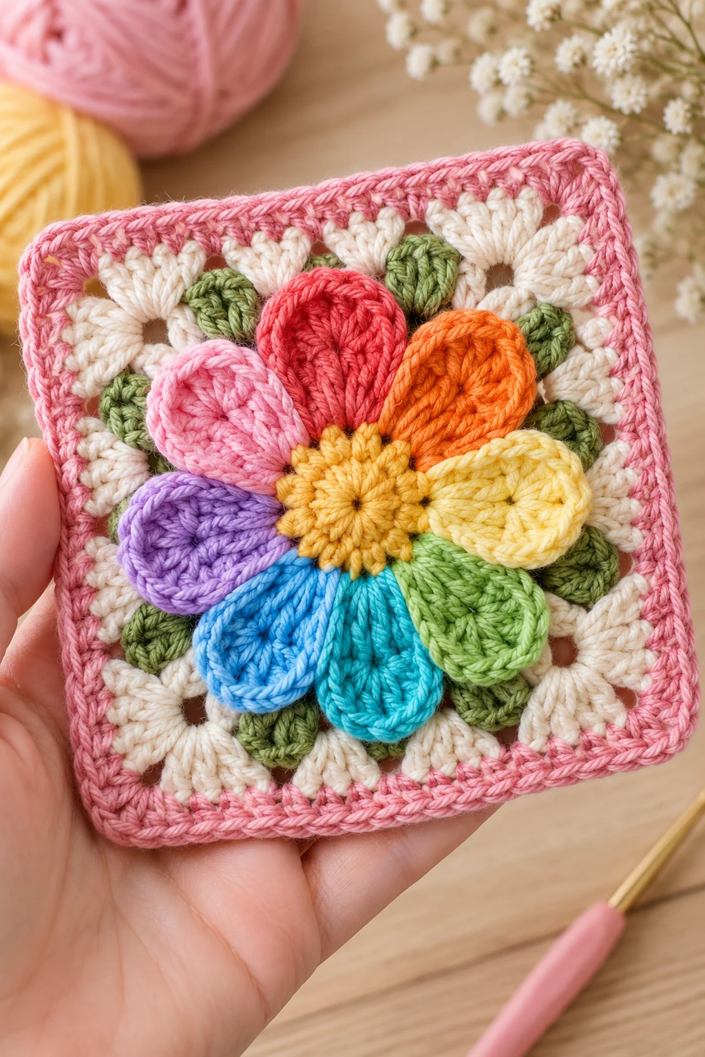 The Rainbow Petal Flower Square — crochet flower granny square pattern