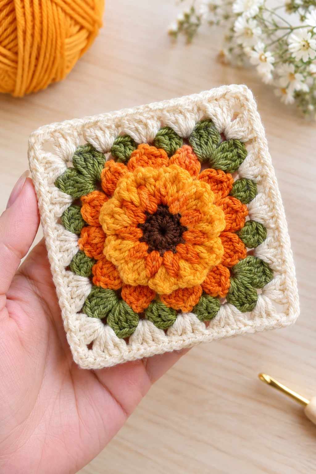The Textured Marigold Granny Square — crochet flower granny square pattern