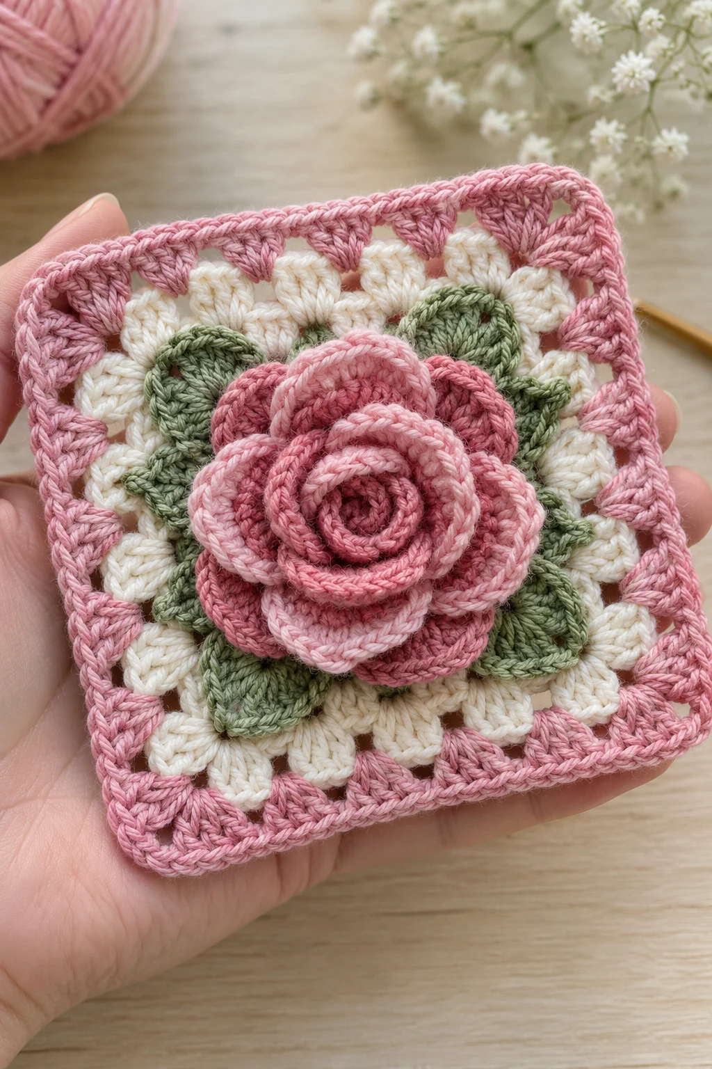 The Romantic 3D Rose Granny Square — crochet flower granny square pattern