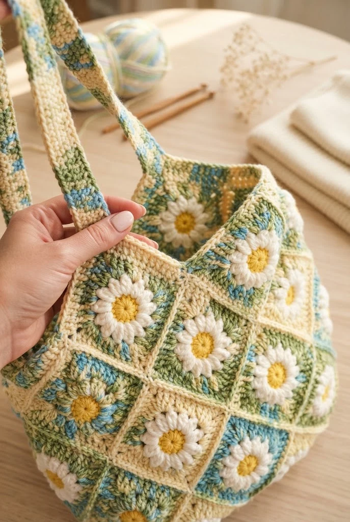 The Daisy Meadow Sun Tote — crochet flower tote bag