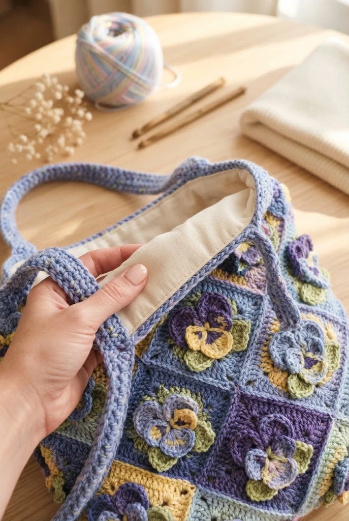 The Periwinkle Pansy Shopper — crochet flower tote bag
