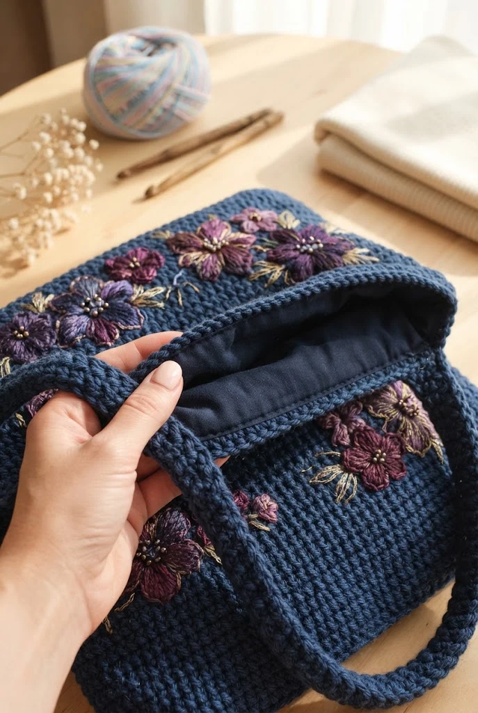 The Midnight Blossom Evening Tote — crochet flower tote bag