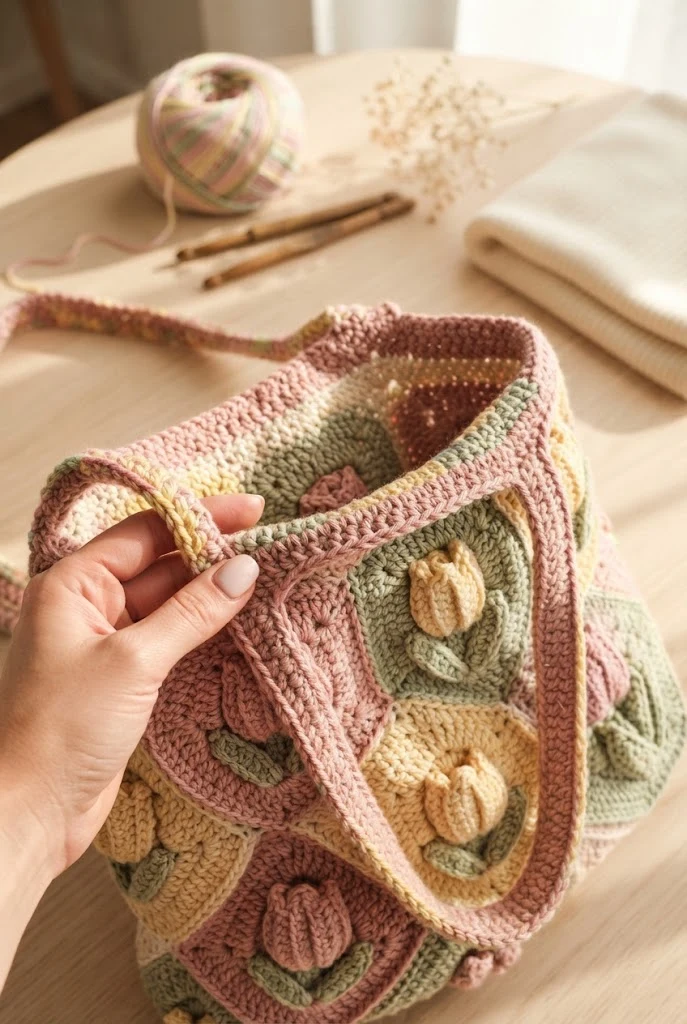 The Spring Tulip Pastel Tote — crochet flower tote bag