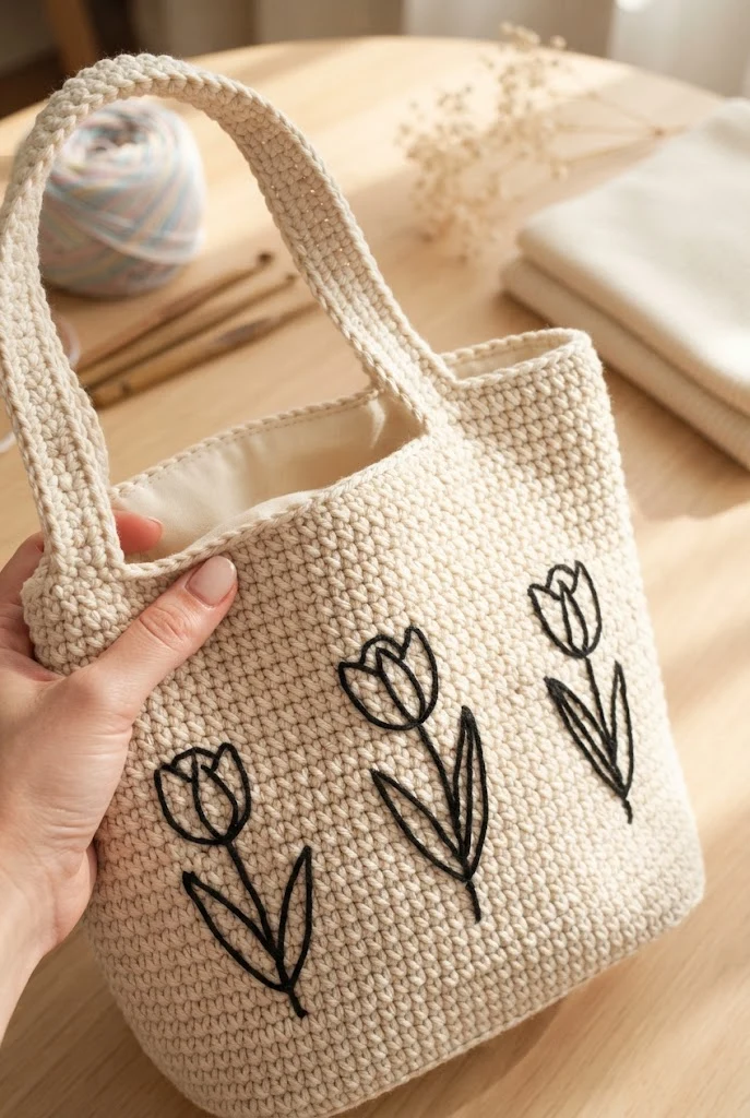 The Monochrome Minimalist Floral Satchel — crochet flower tote bag