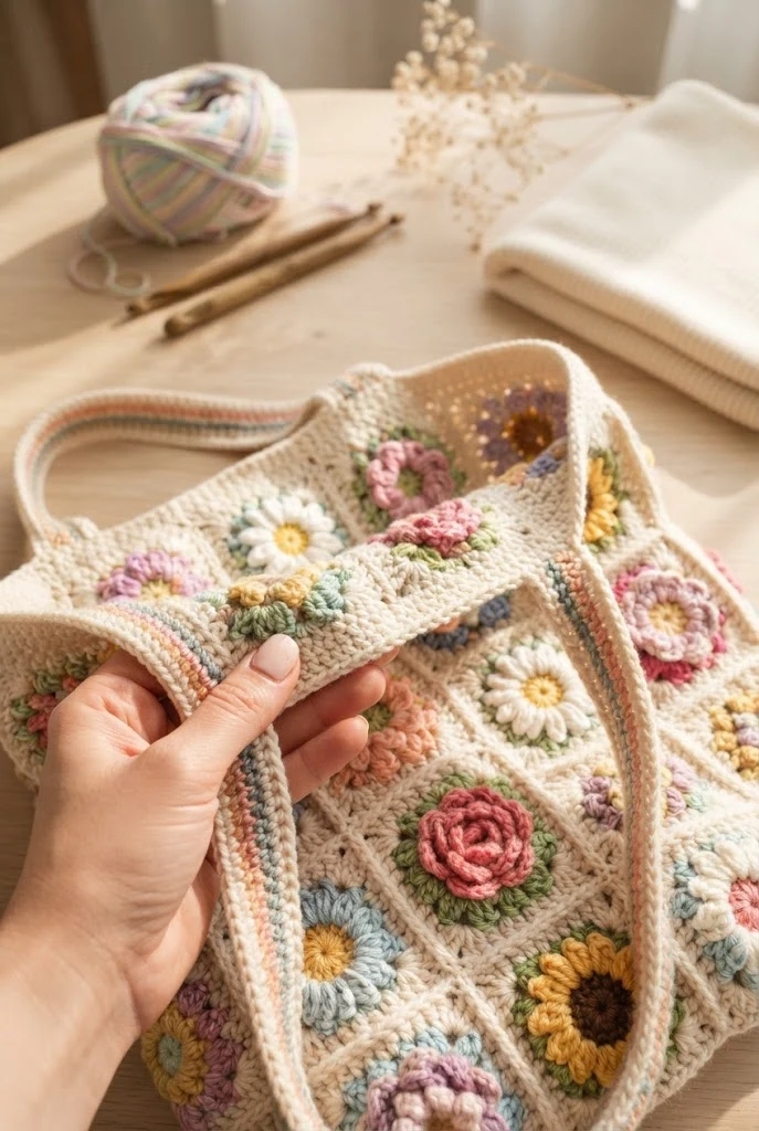 The Granny Square Garden Tote — crochet flower tote bag