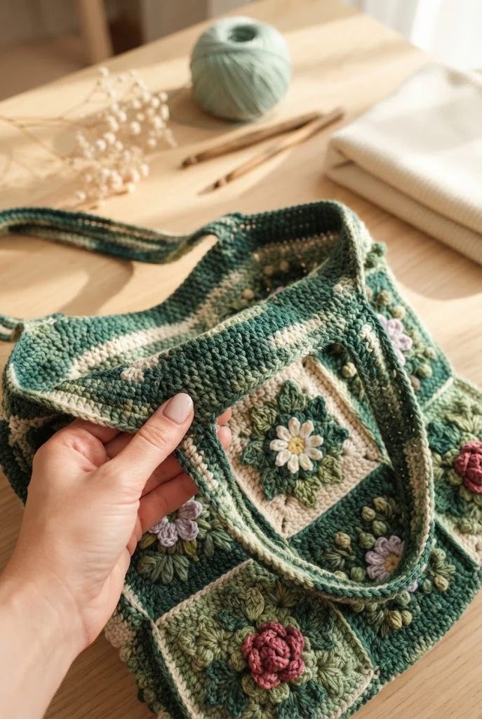 The Emerald Forest Ivy & Bloom Bag — crochet flower tote bag