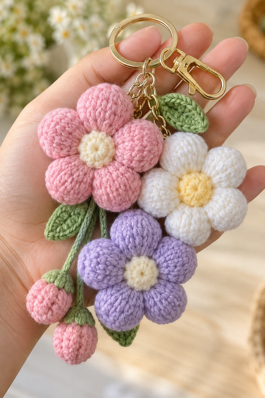 Puffy Flower Crochet Flowers Keychain — crochet flowers keychain style outfit