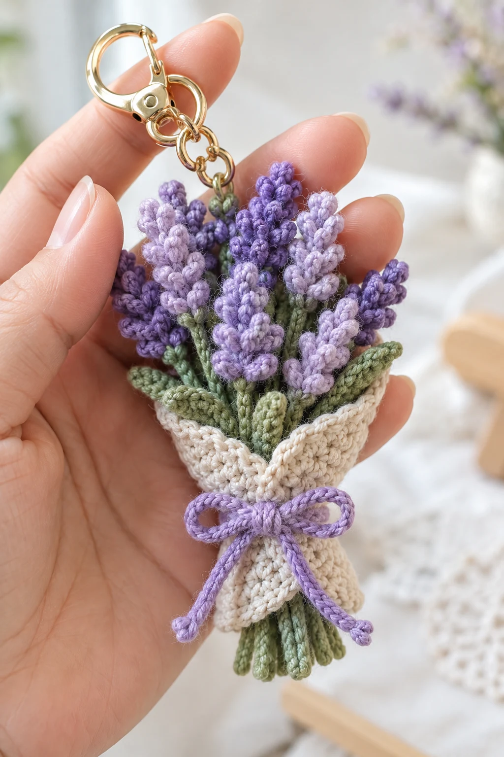 Tiny Lavender Bouquet Keychain — crochet flowers keychain style outfit