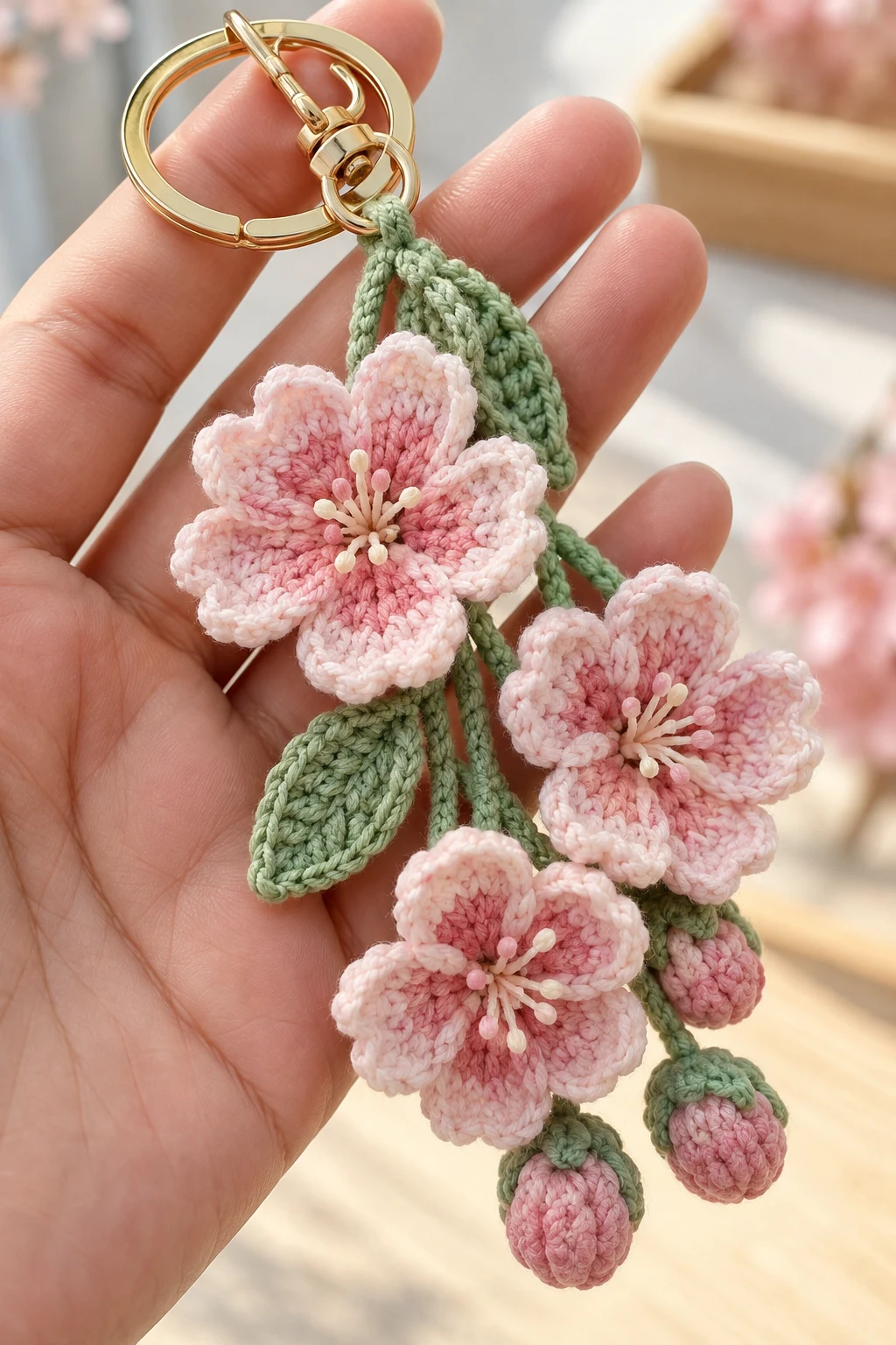 Cherry Blossom Crochet Flowers Keychain — crochet flowers keychain style outfit