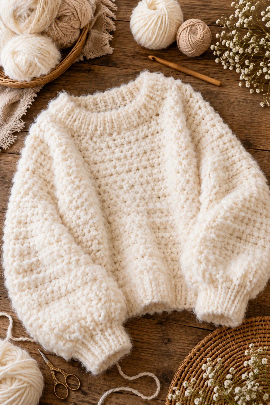 Oversized Cream Cloud Crochet Fluffy Sweater — crochet fluffy sweater style outfit