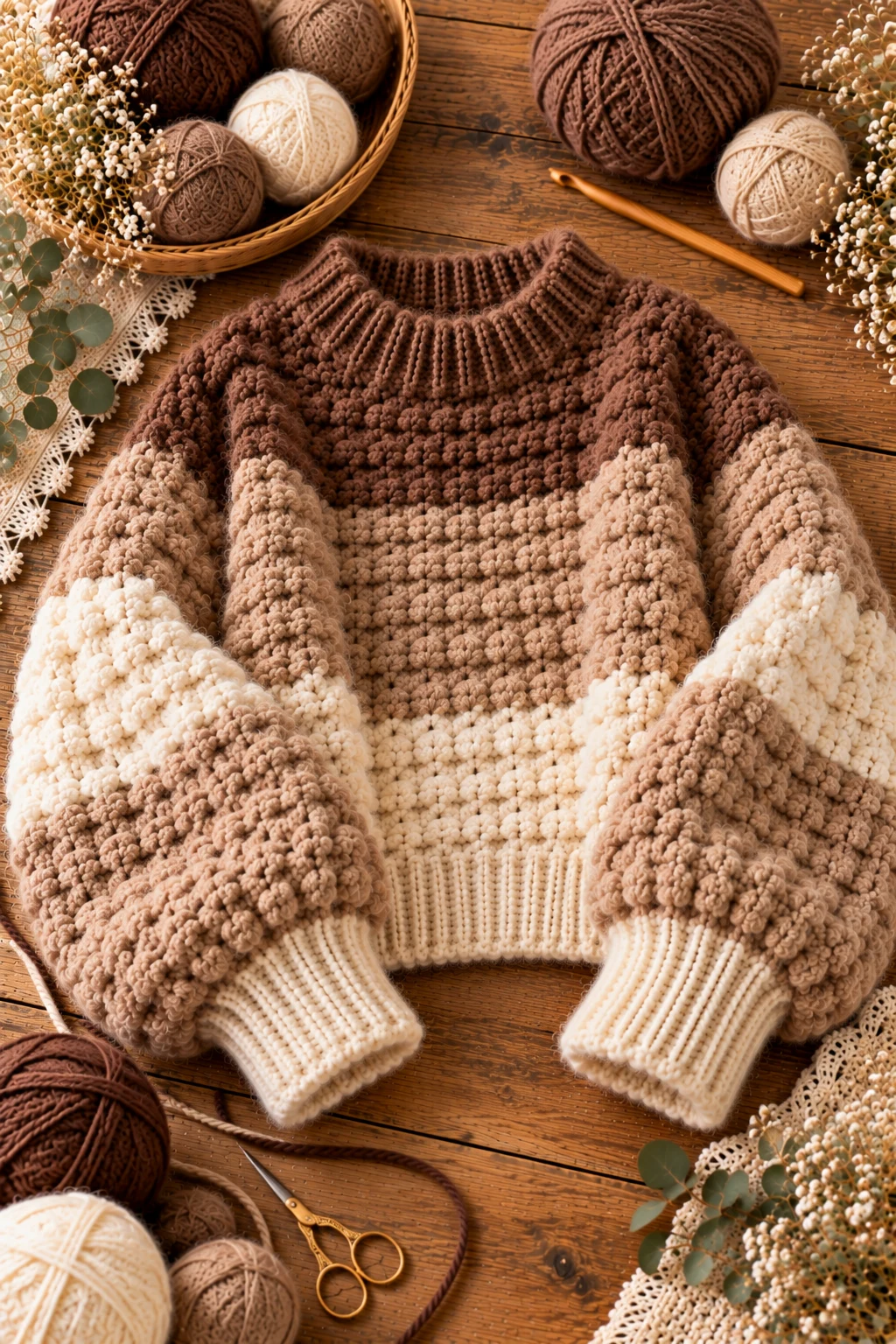 Mocha Color-Blocked Fluffy Sweater — crochet fluffy sweater style outfit