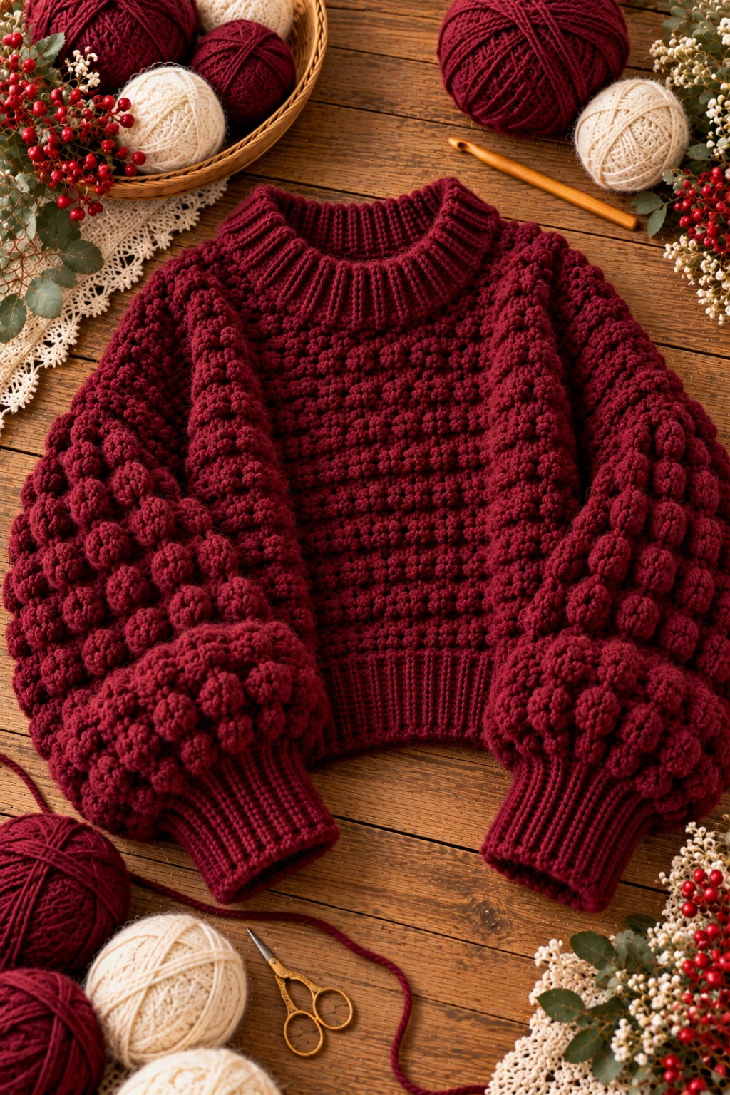 Burgundy Holiday Puff Sleeve Sweater — crochet fluffy sweater style outfit