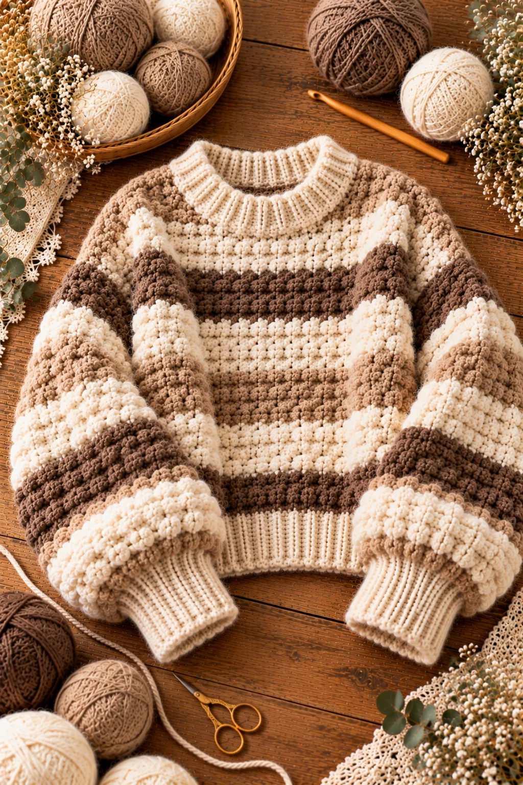 Striped Neutral Weekend Sweater — crochet fluffy sweater style outfit