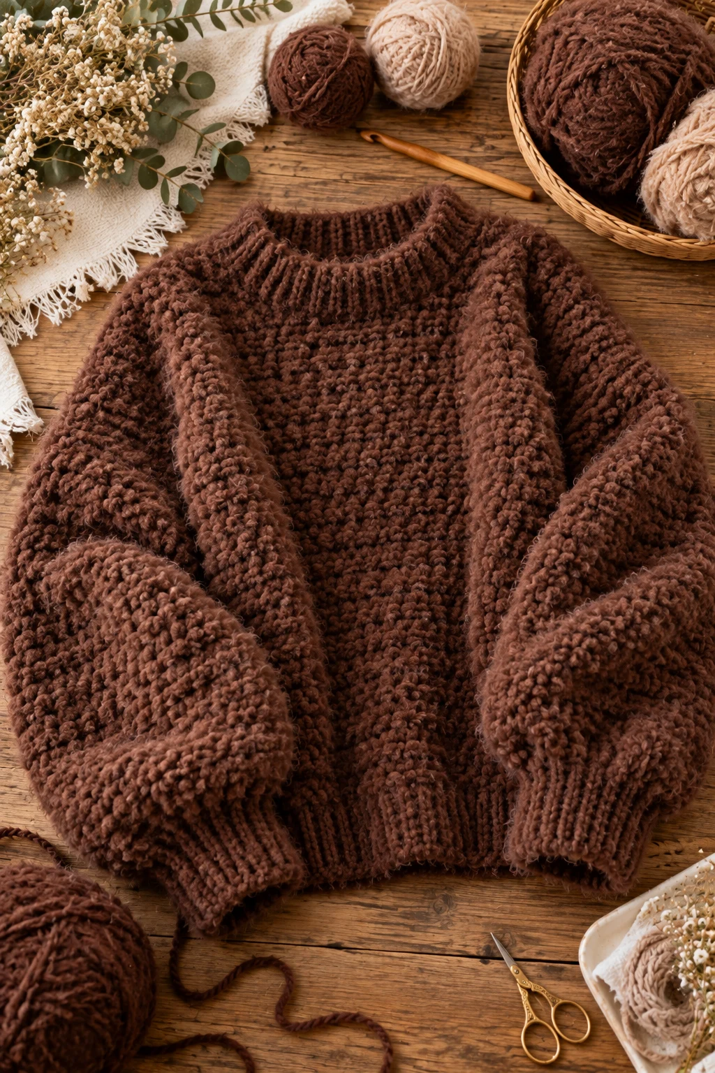 Chocolate Brown Fuzzy Statement Sweater — crochet fluffy sweater style outfit