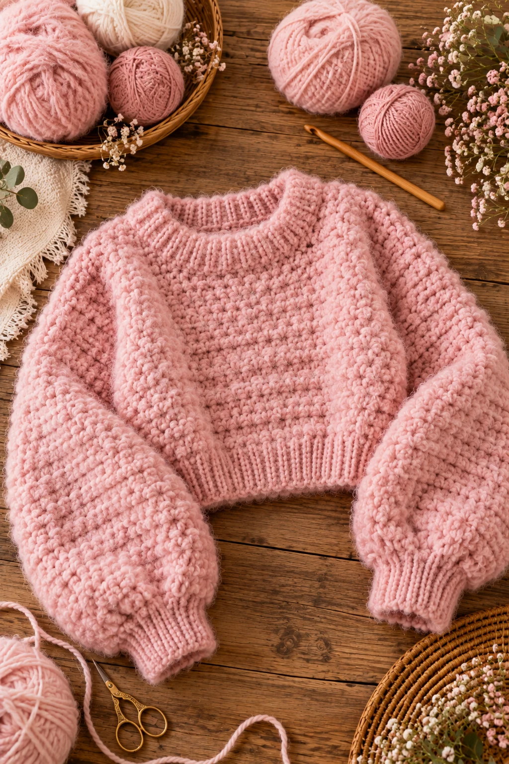 Cropped Blush Pink Pullover — crochet fluffy sweater style outfit