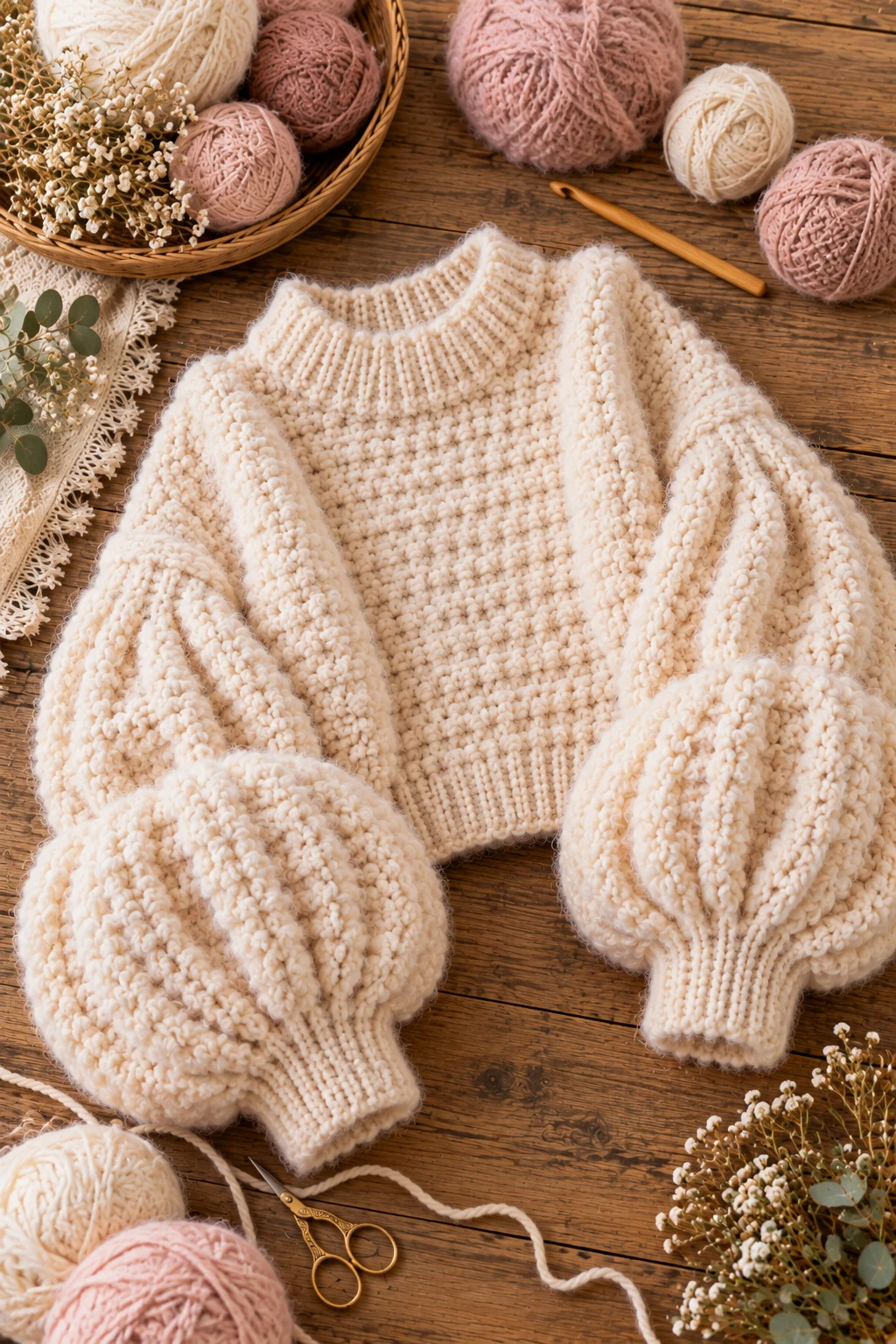 Dramatic Crochet Sweater Puffy Sleeves — crochet fluffy sweater style outfit