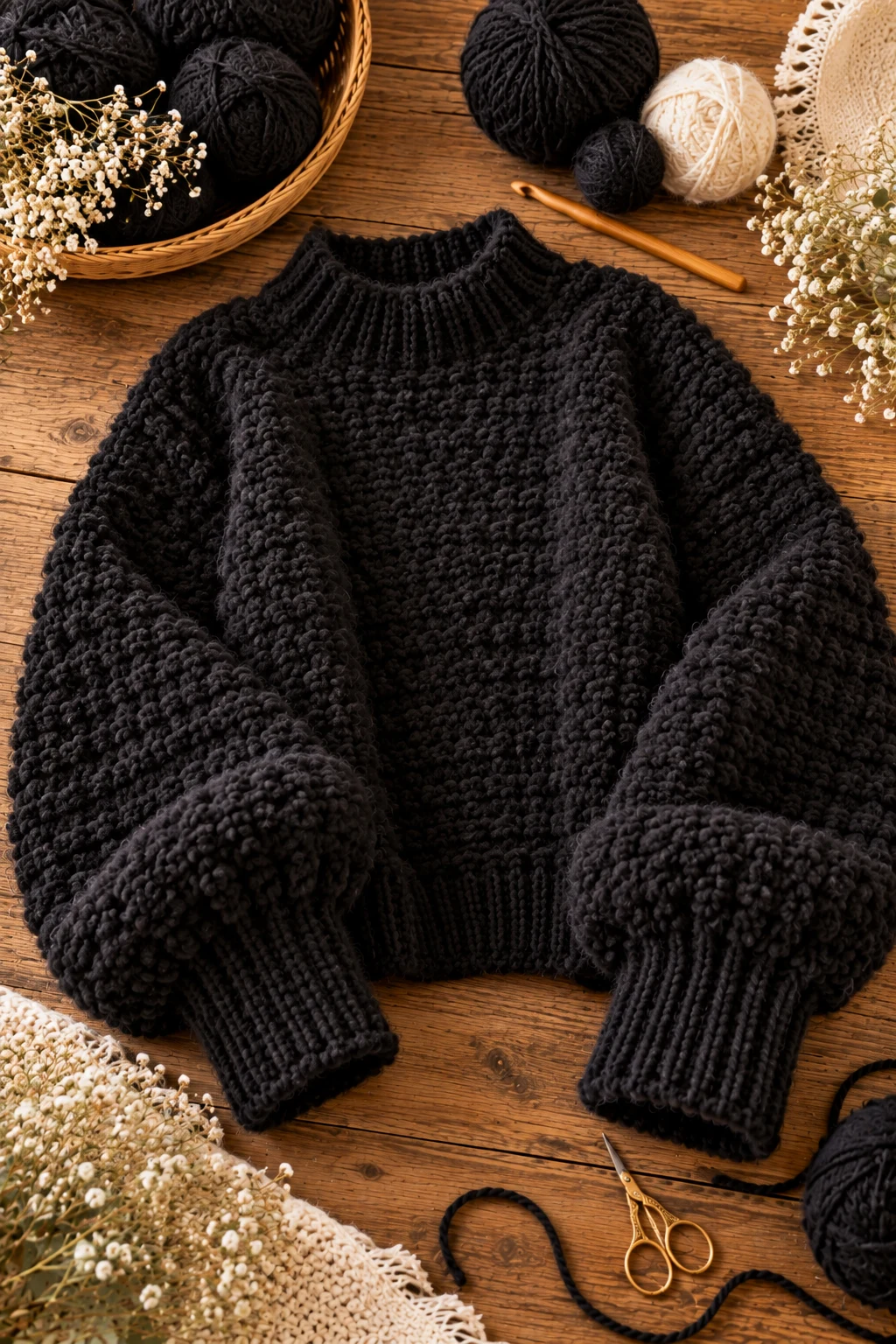 Black Plush Sweater With Statement Cuffs — crochet fluffy sweater style outfit