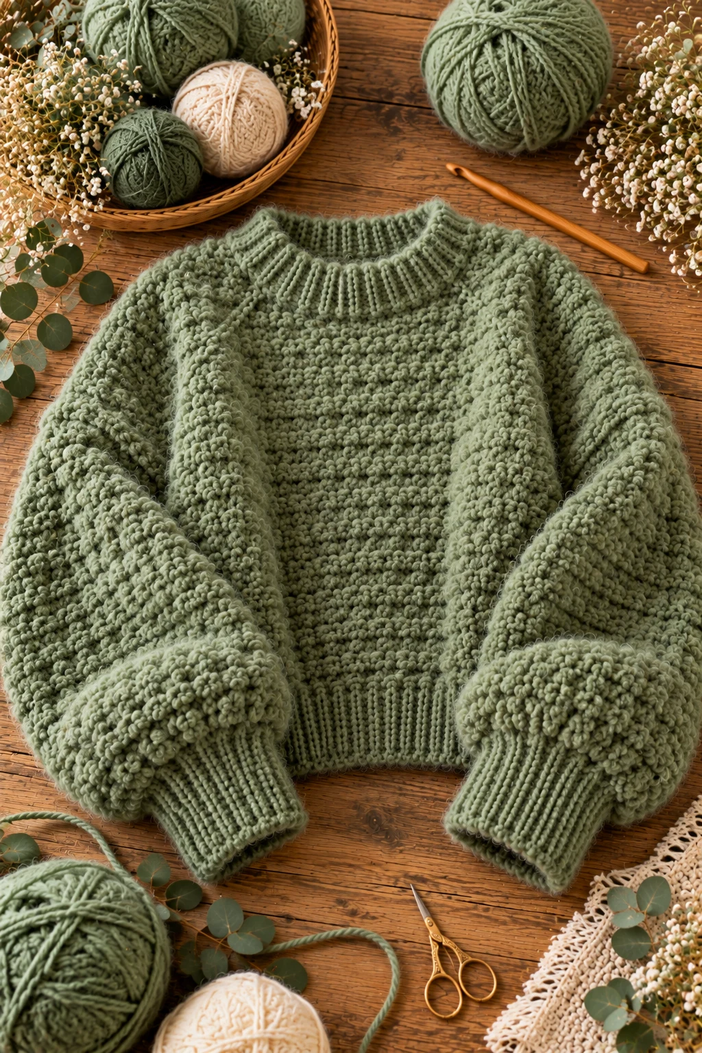 Sage Green Cozy Everyday Sweater — crochet fluffy sweater style outfit