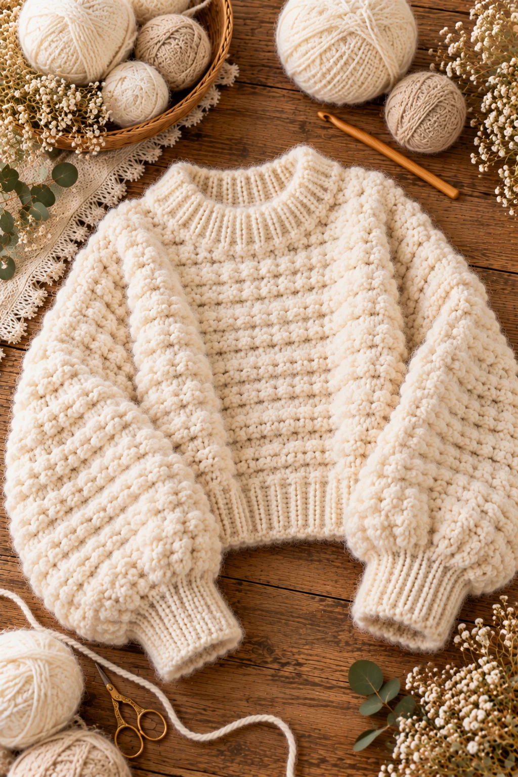 Cream Sweater With Chunky Texture — crochet fluffy sweater style outfit