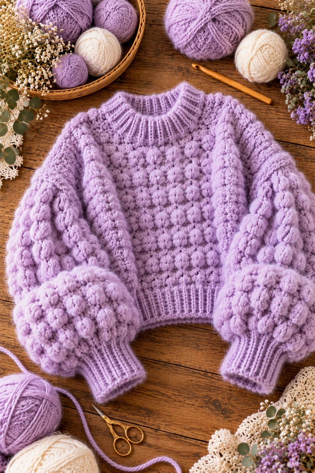 Lavender Puff-Stitch Sweater — crochet fluffy sweater style outfit
